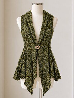 Bacci Women's L Sleeveless Cardigan Vest Green Black Cable Knit Brooch